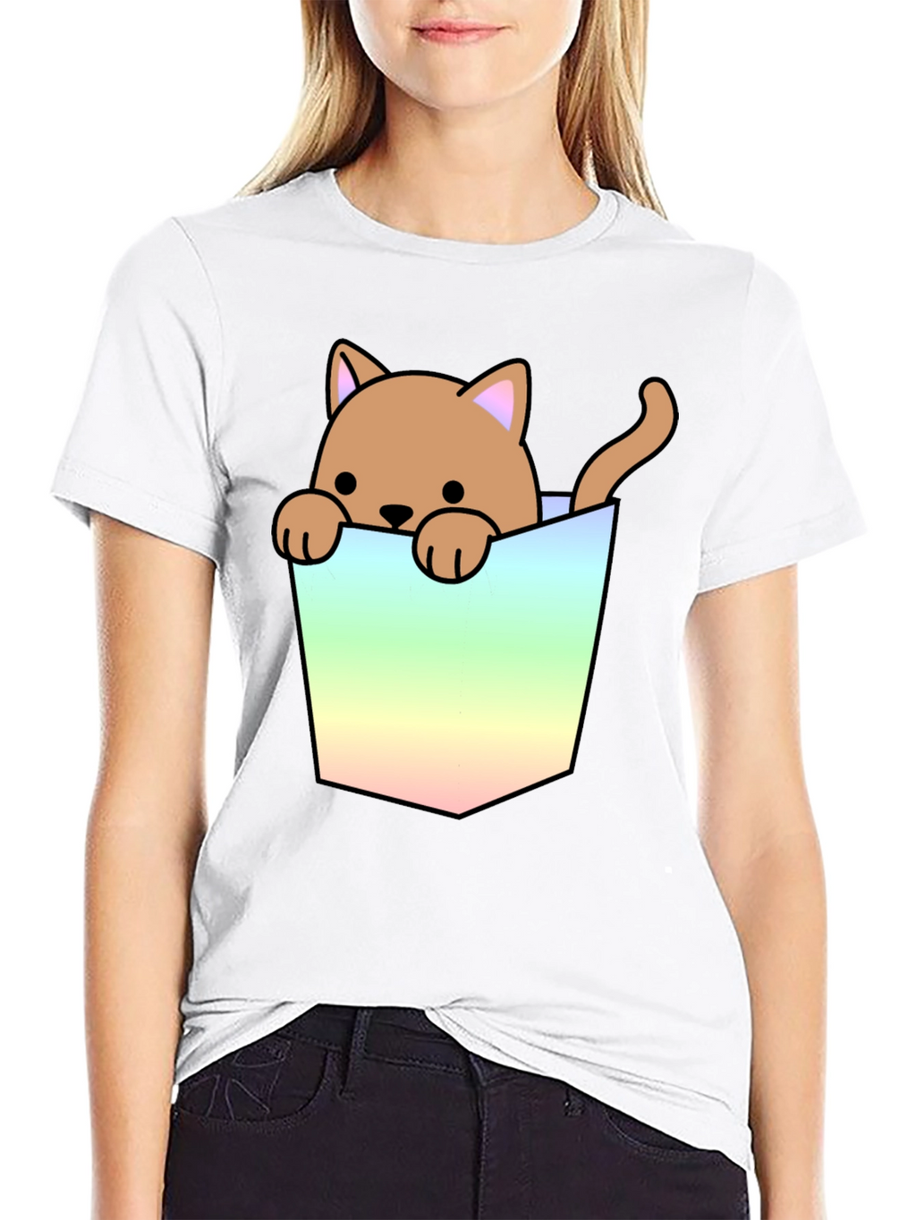 Cute Cat in Pocket Graphic T-Shirt