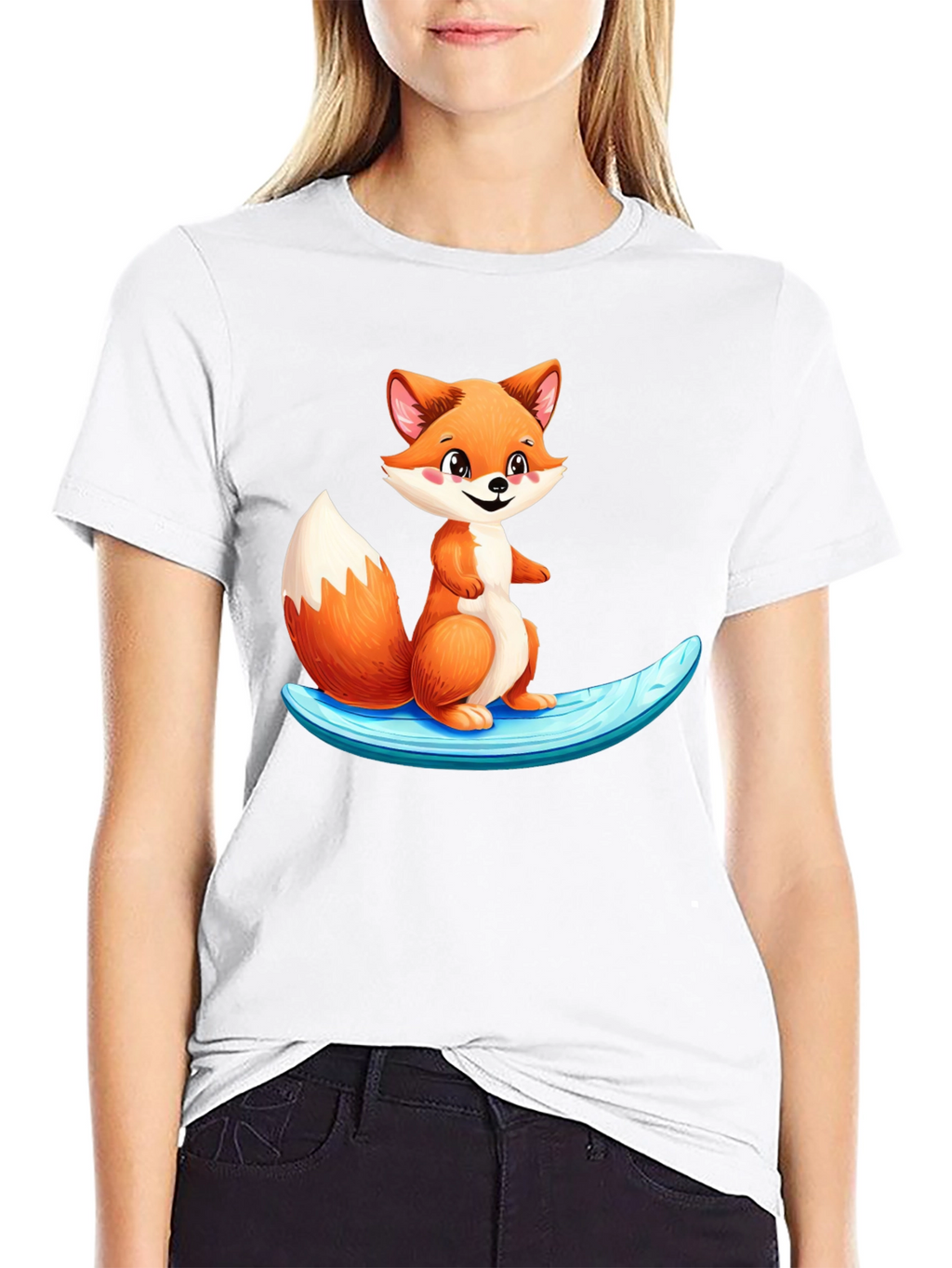 Cute Fox Surfing Black T-Shirt