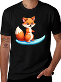 Cute Fox Surfing Black T-Shirt