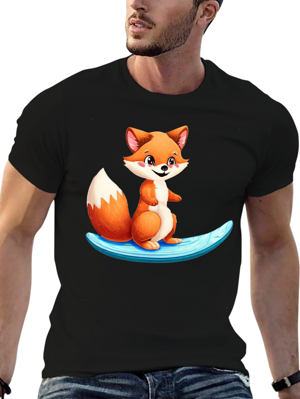 Cute Fox Surfing Black T-Shirt