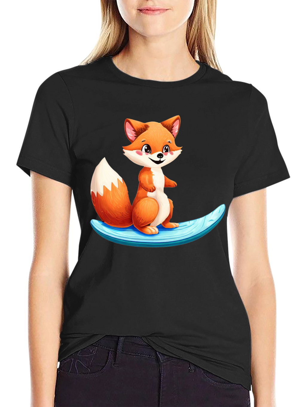 Cute Fox Surfing Black T-Shirt
