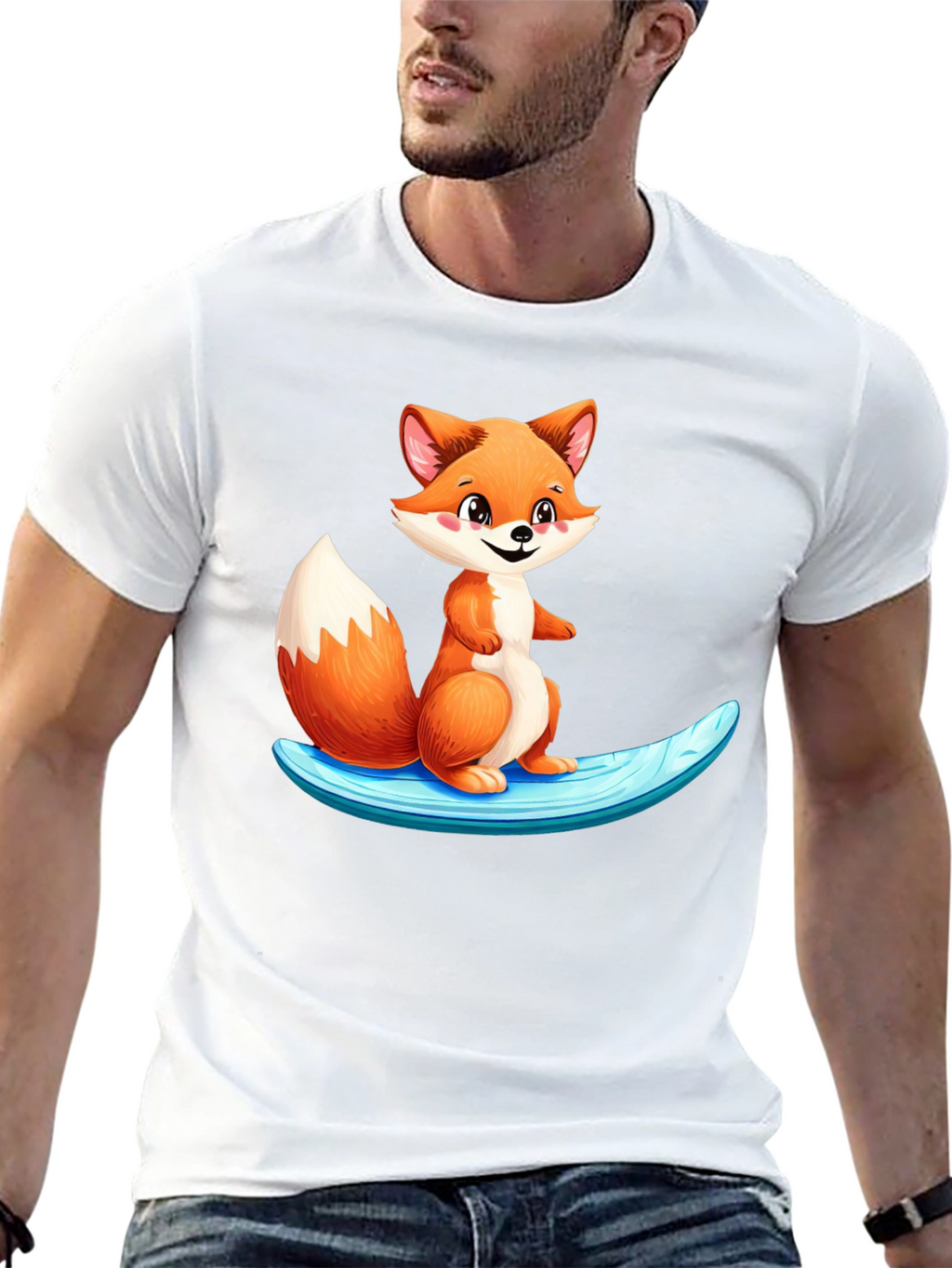 Cute Fox Surfing Black T-Shirt