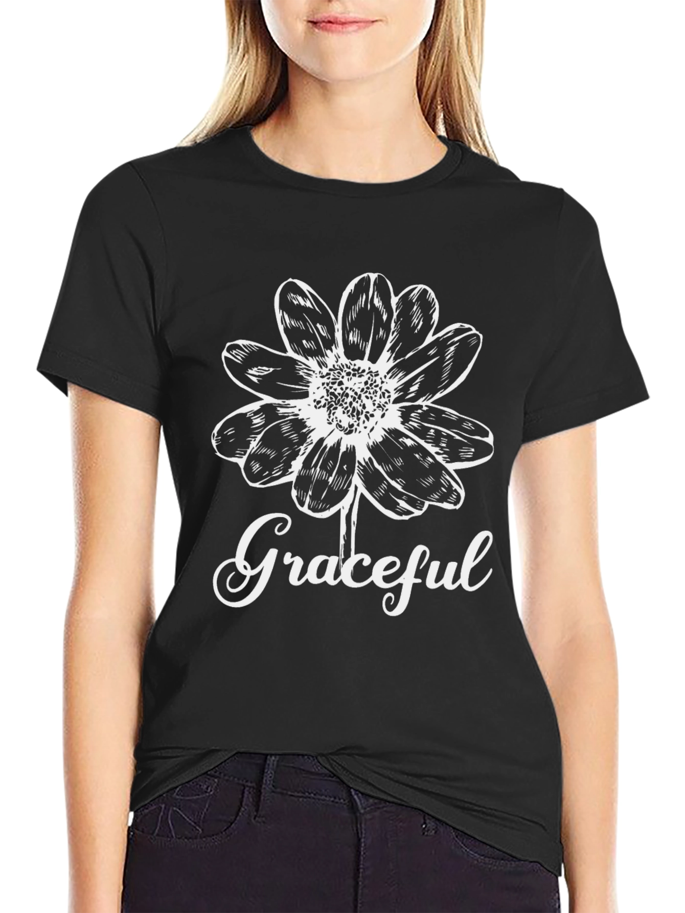 Graceful Flower Graphic Tee - Black