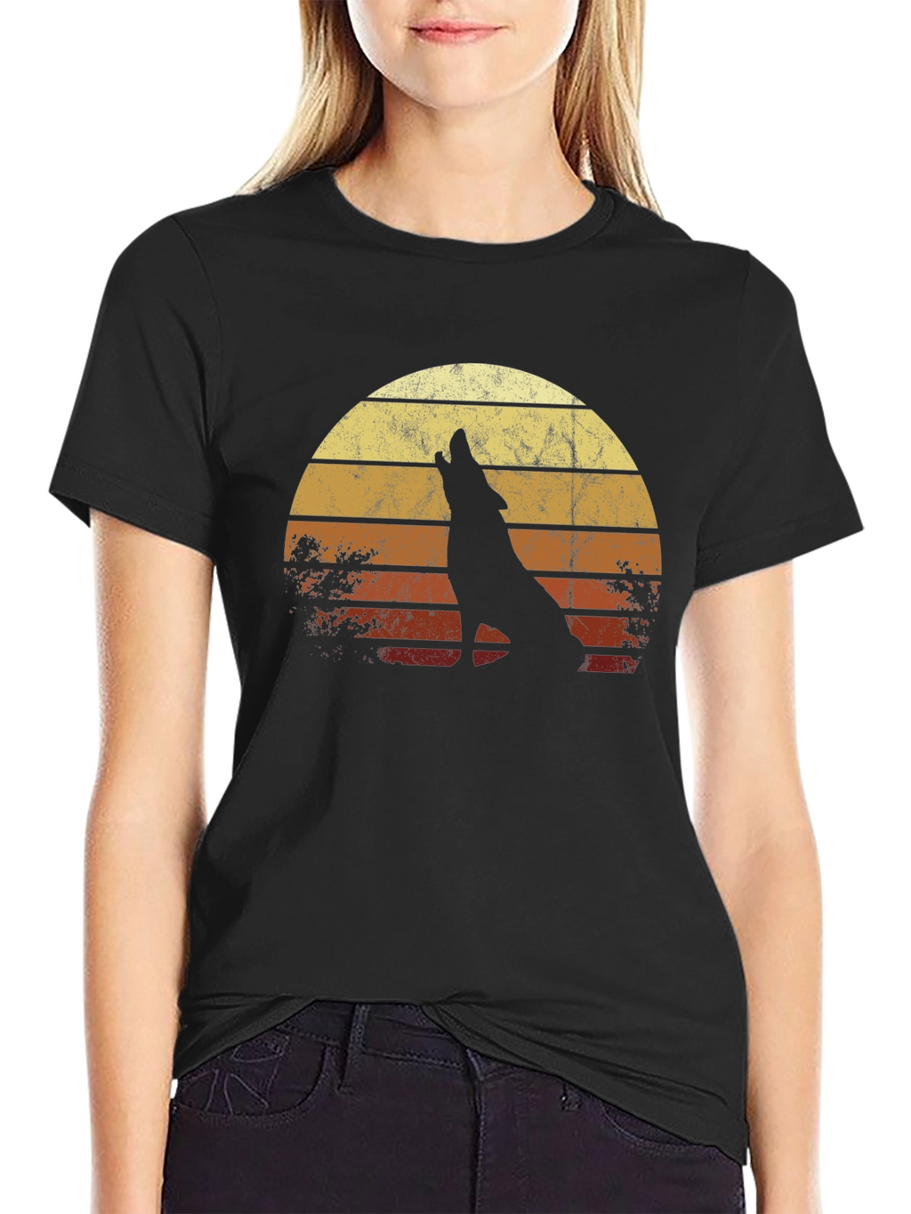 Retro Wolf Sunset Graphic Tee - Black