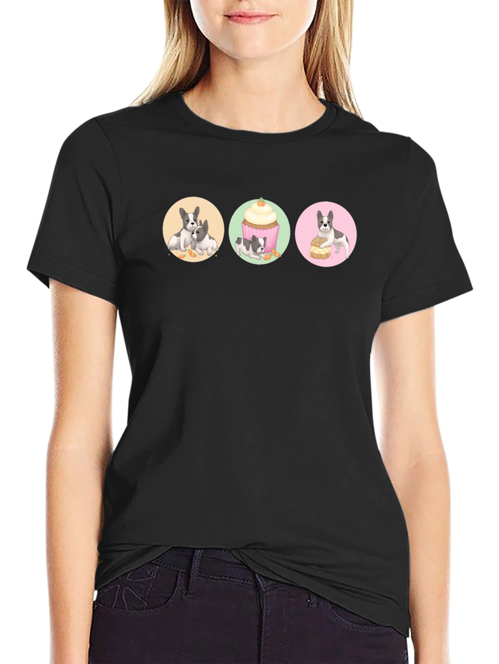 Cute Dog & Dessert Graphic Print Black T-Shirt