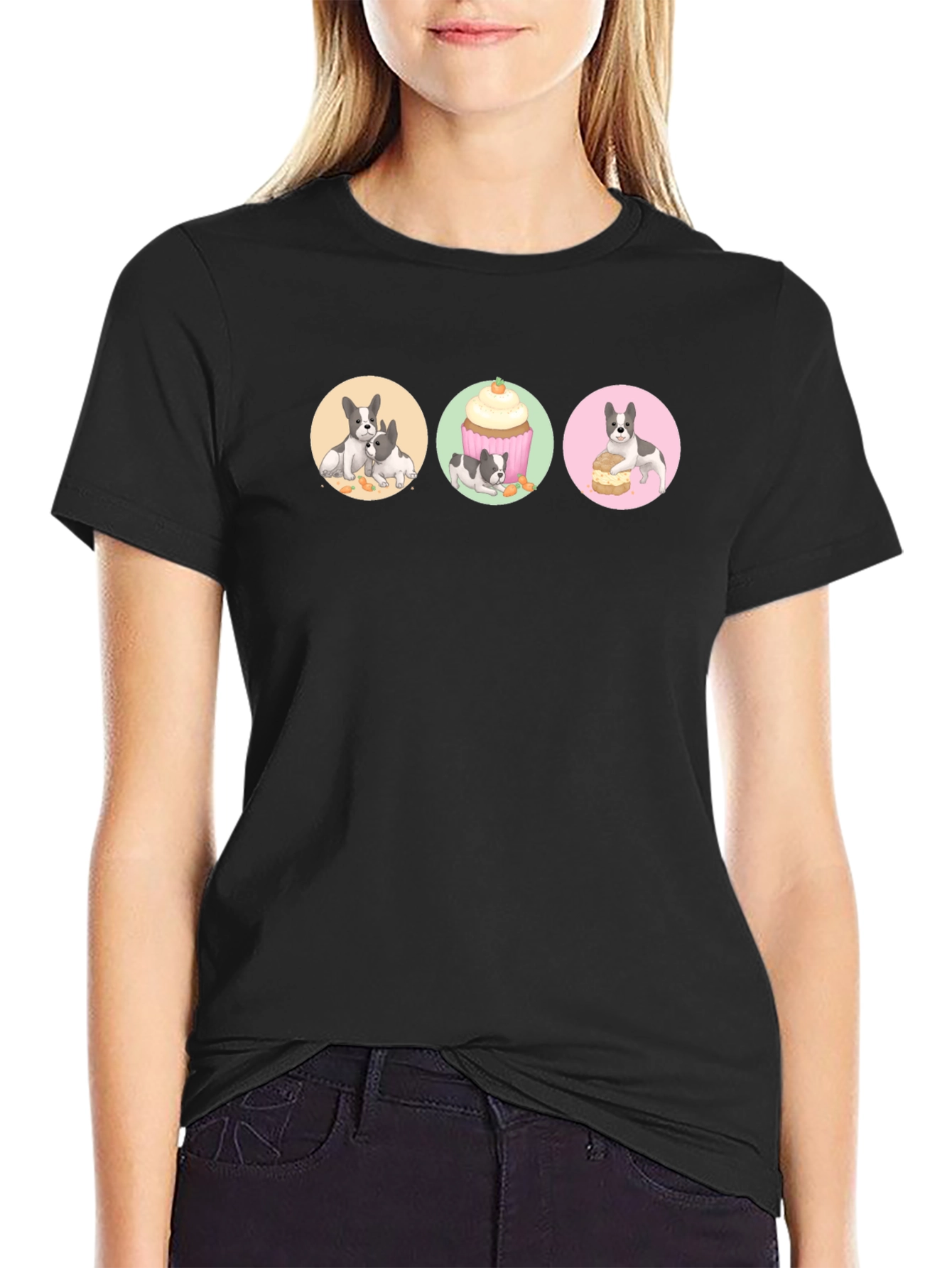 Cute Dog & Dessert Graphic Print Black T-Shirt