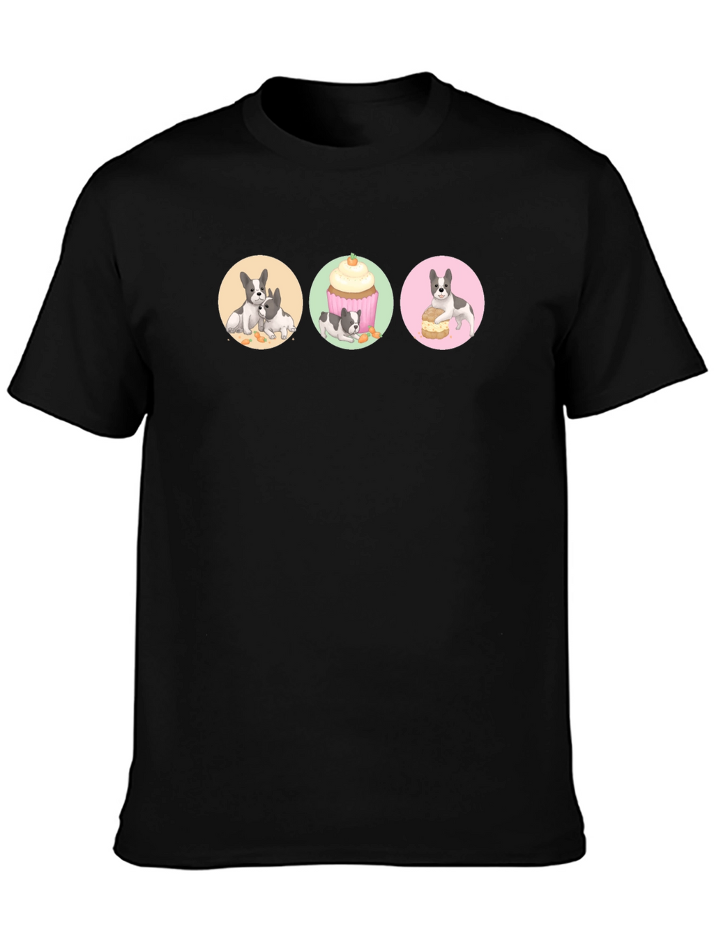 Cute Dog & Dessert Graphic Print Black T-Shirt