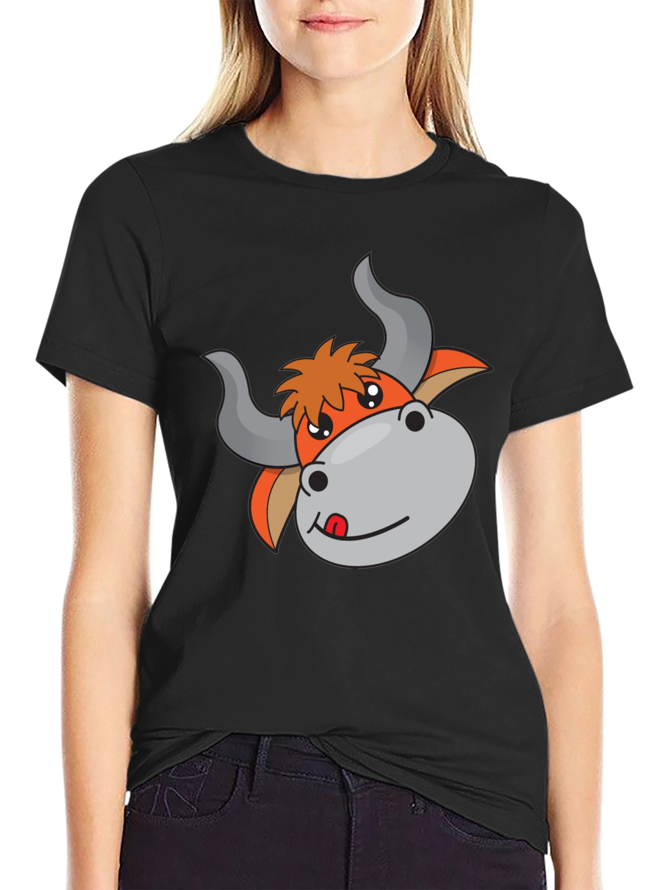 Cartoon Bull Graphic Black T-Shirt