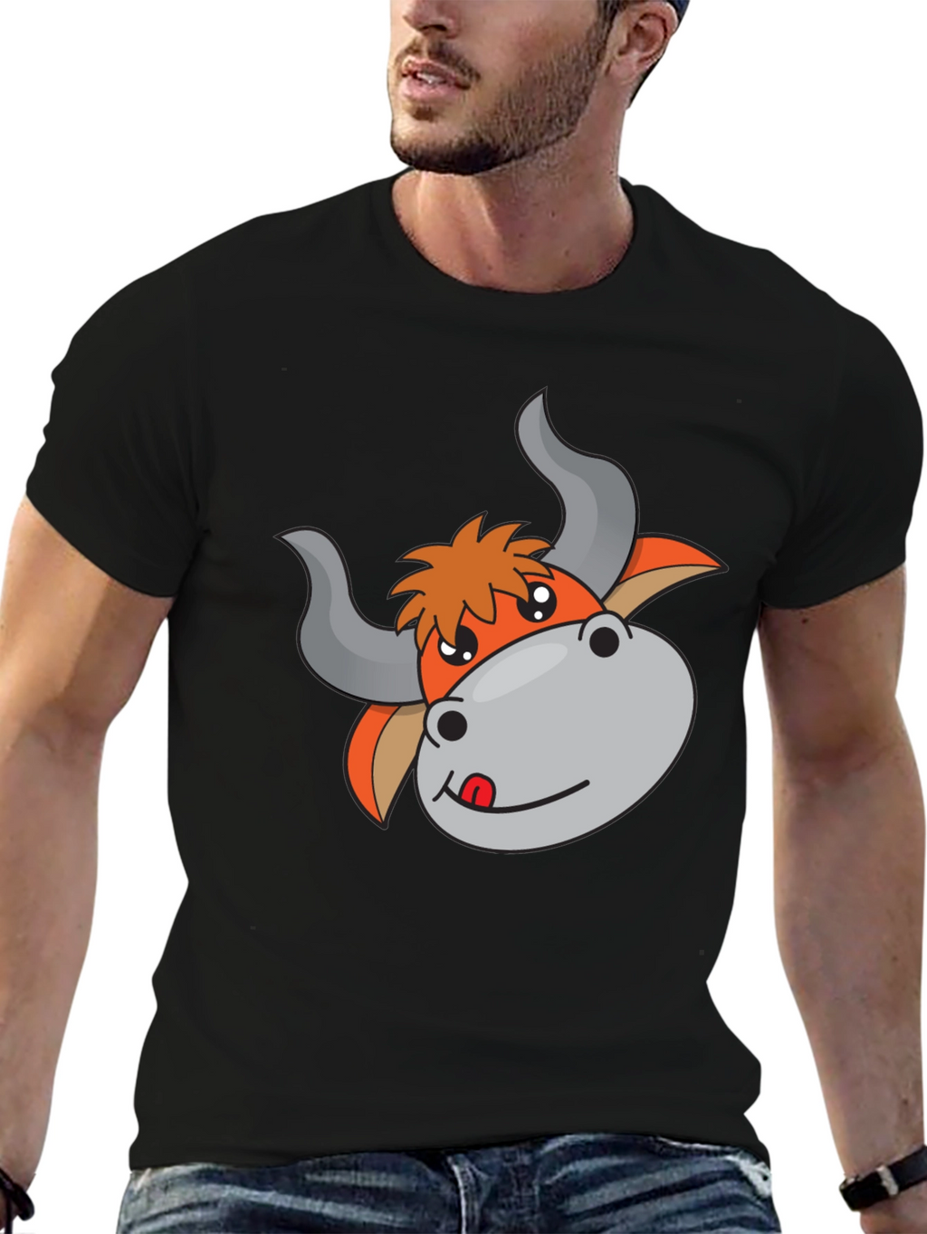 Cartoon Bull Graphic Black T-Shirt