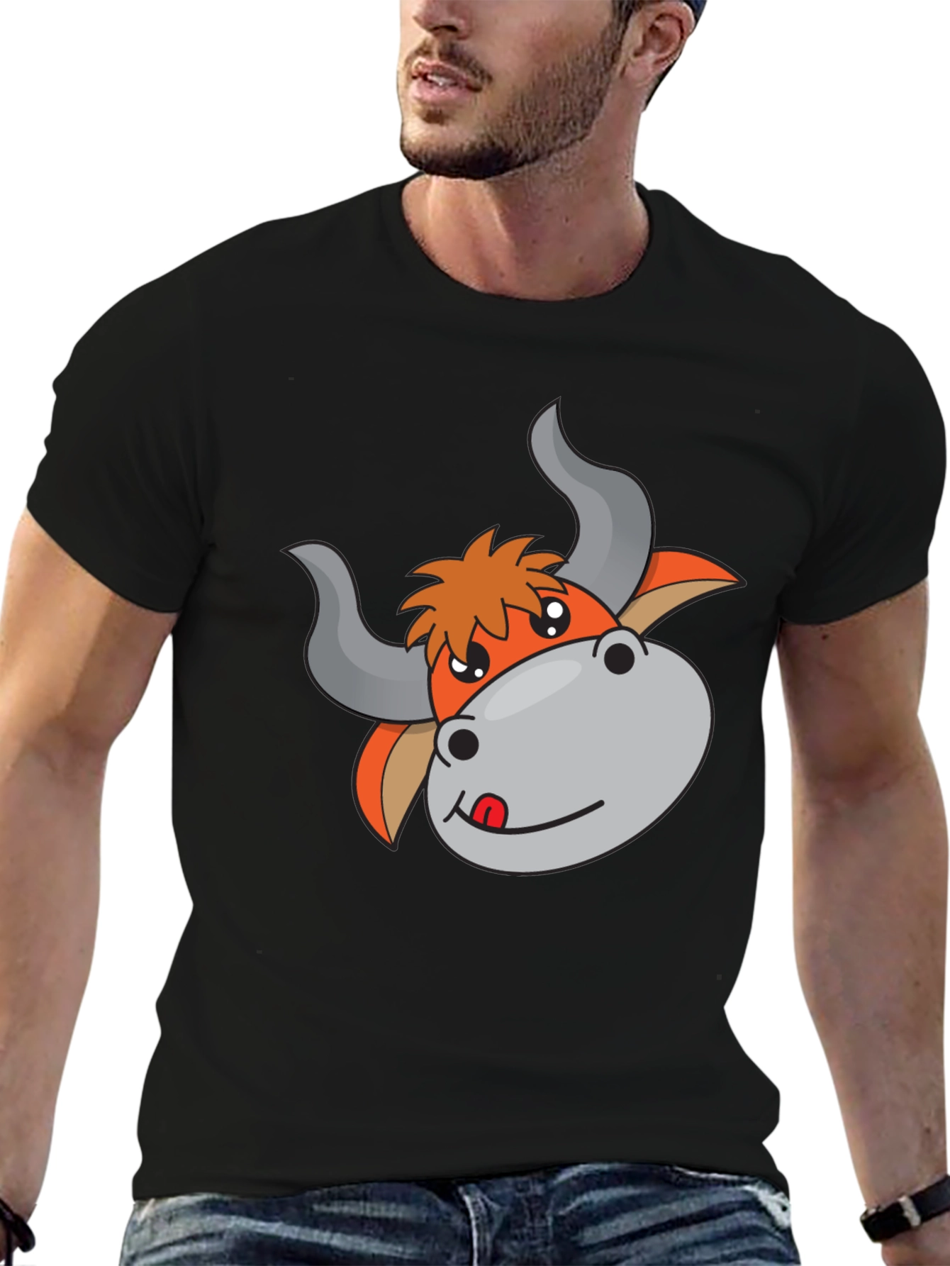 Cartoon Bull Graphic Black T-Shirt