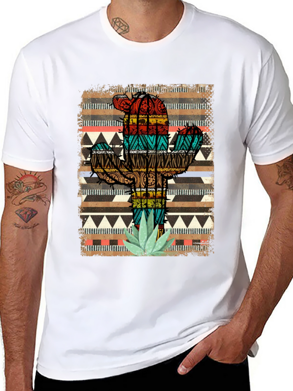 Cactus Pattern Mens Black T-Shirt