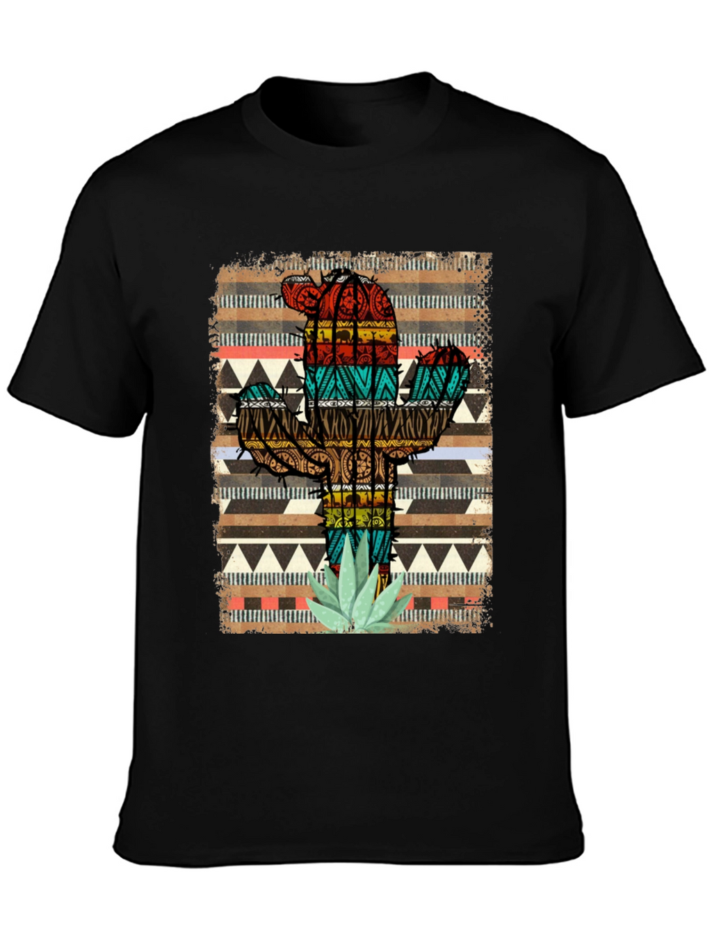 Cactus Pattern Mens Black T-Shirt