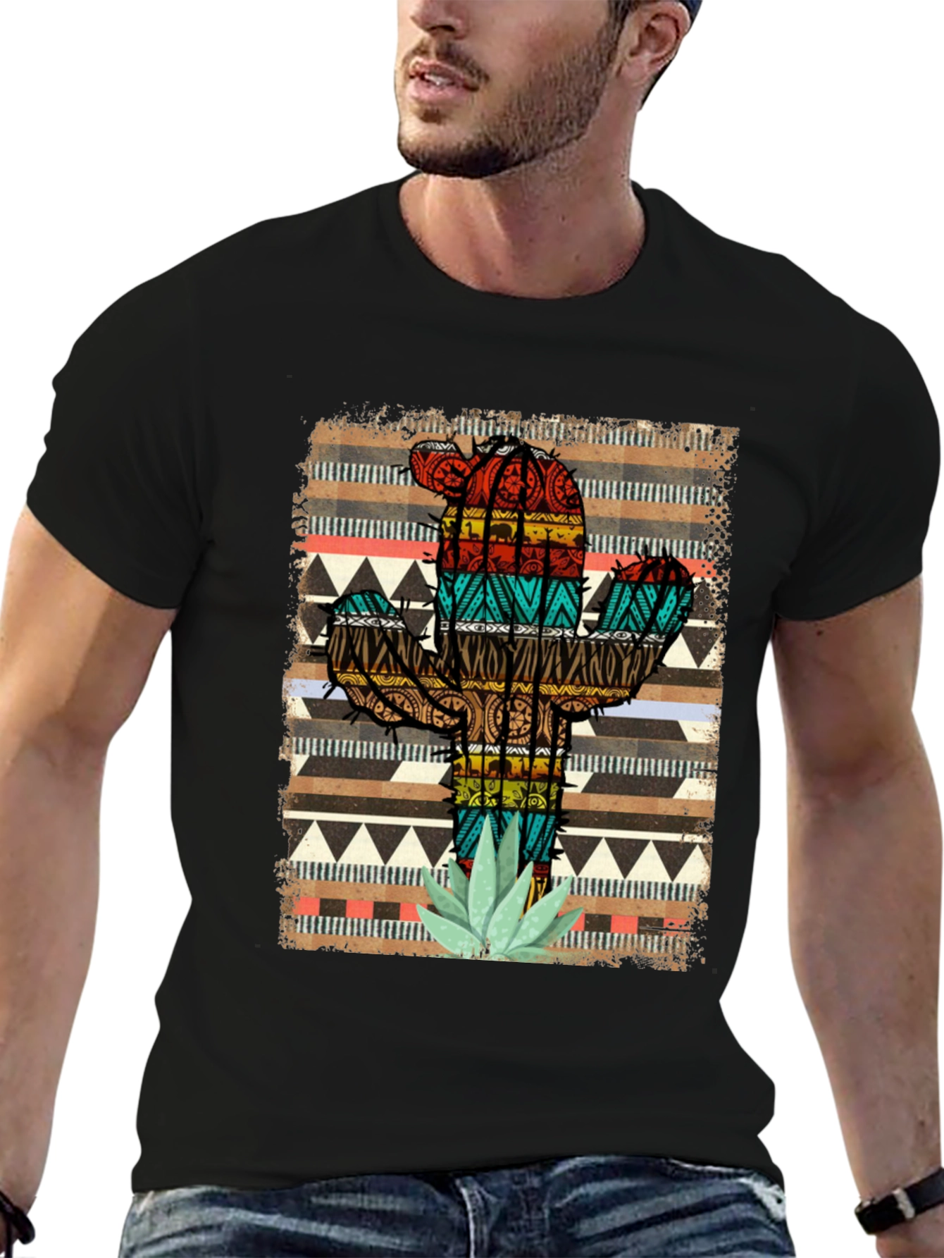 Cactus Pattern Mens Black T-Shirt