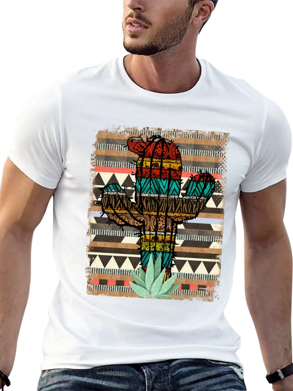 Cactus Pattern Mens Black T-Shirt
