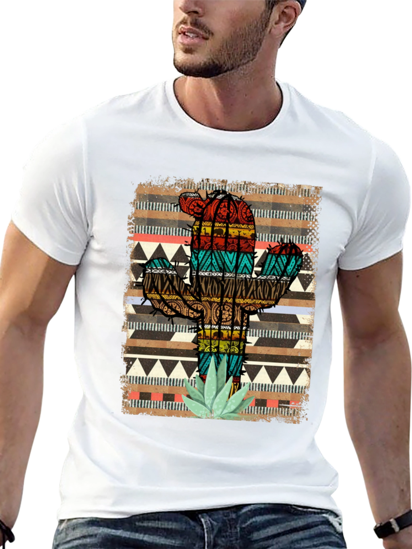 Cactus Pattern Mens Black T-Shirt
