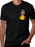 Floral Teapot Graphic Tee - Black Cotton Blend