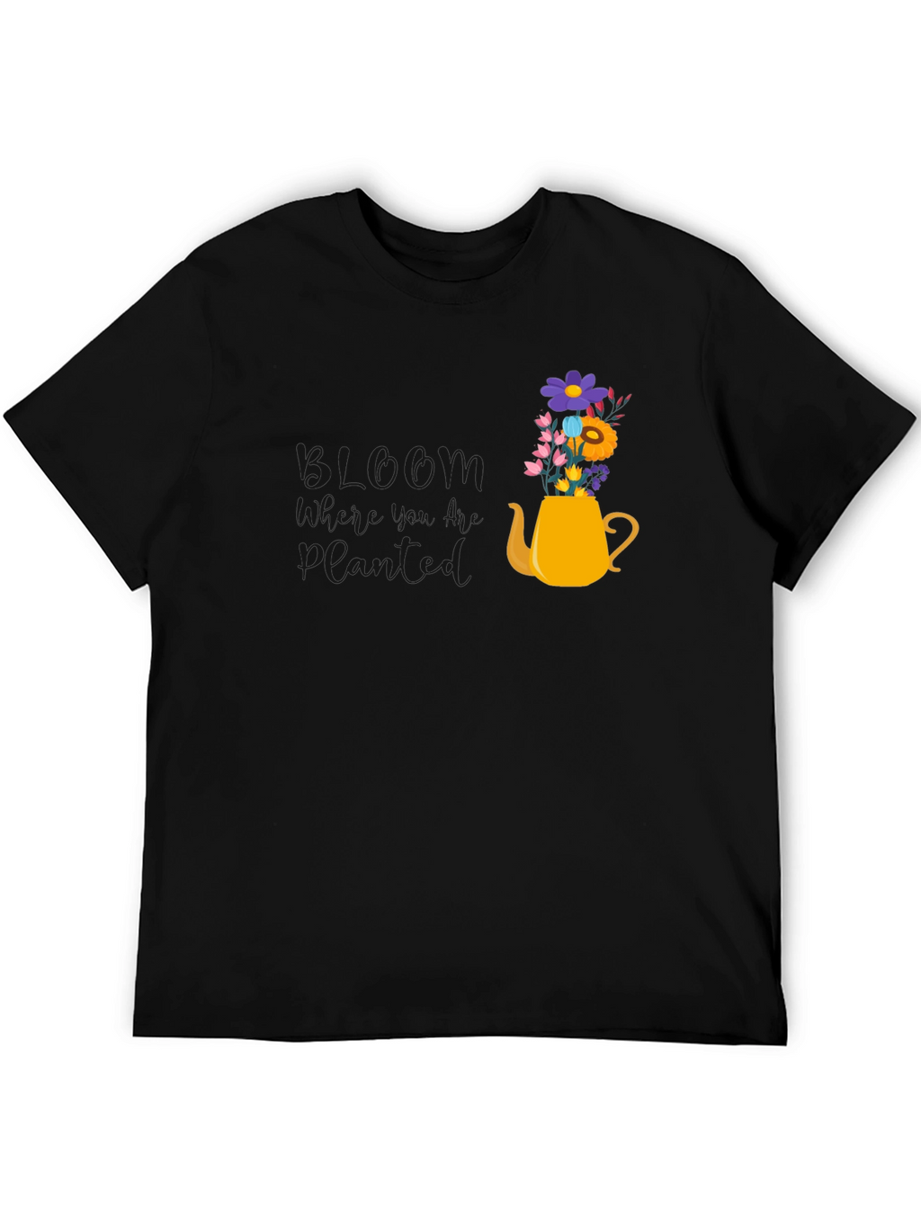 Floral Teapot Graphic Tee - Black Cotton Blend