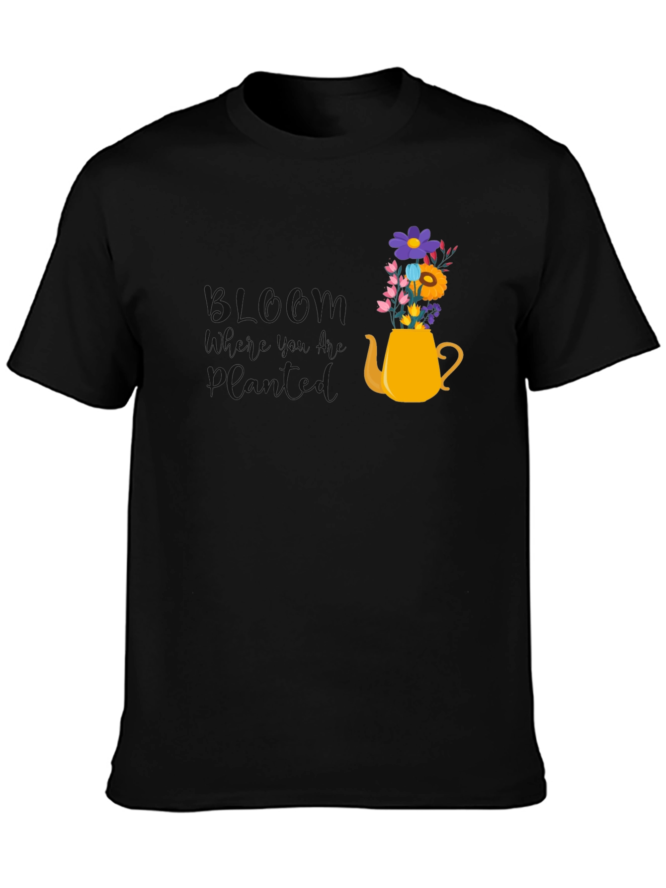 Floral Teapot Graphic Tee - Black Cotton Blend