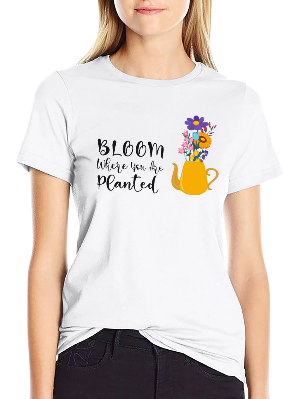 Floral Teapot Graphic Tee - Black Cotton Blend