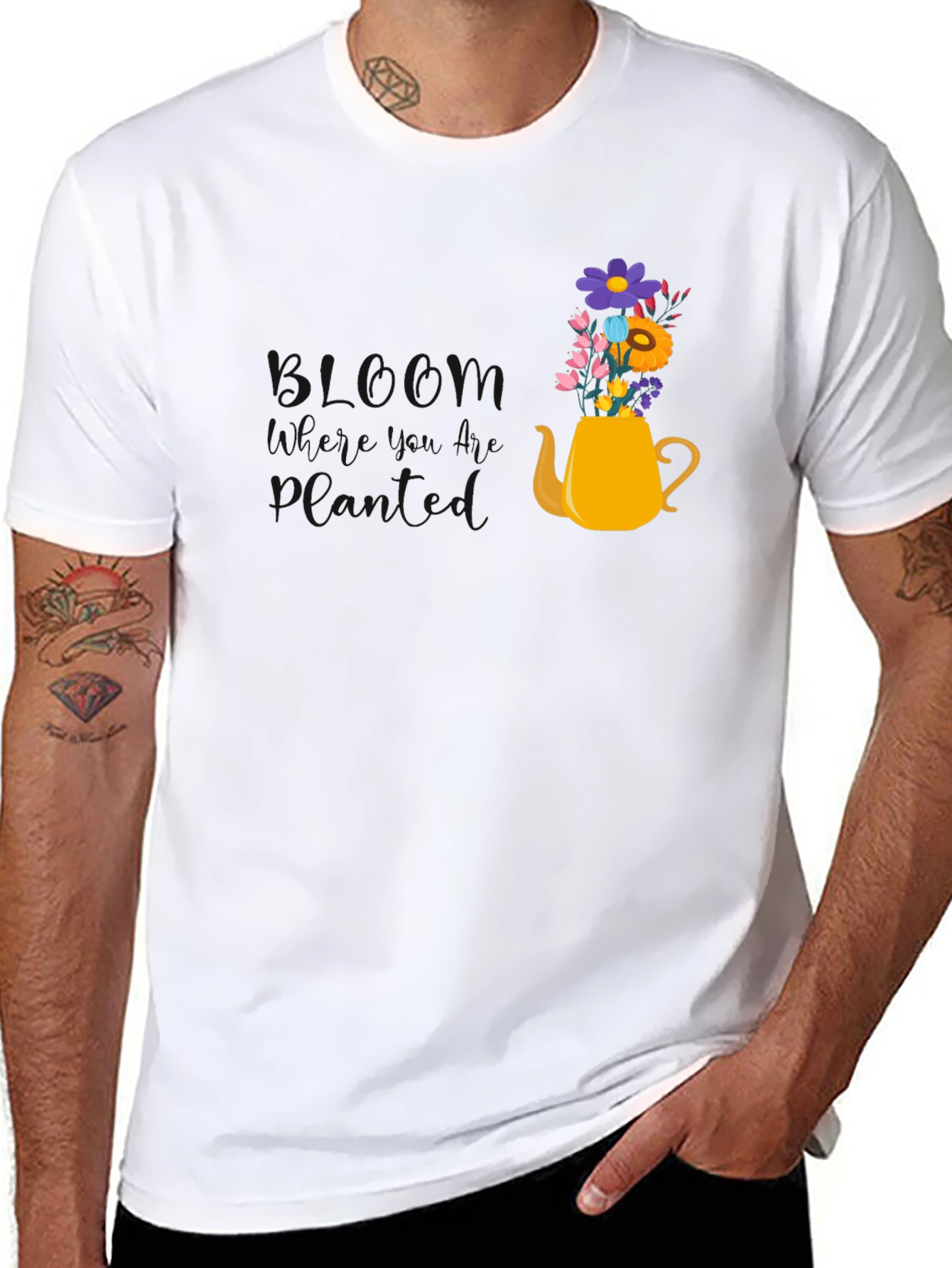Floral Teapot Graphic Tee - Black Cotton Blend