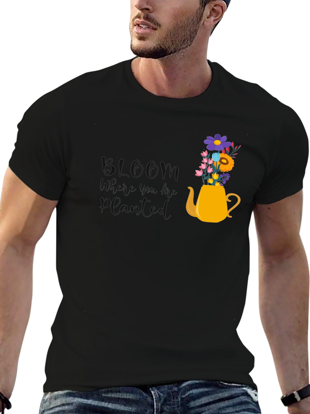 Floral Teapot Graphic Tee - Black Cotton Blend