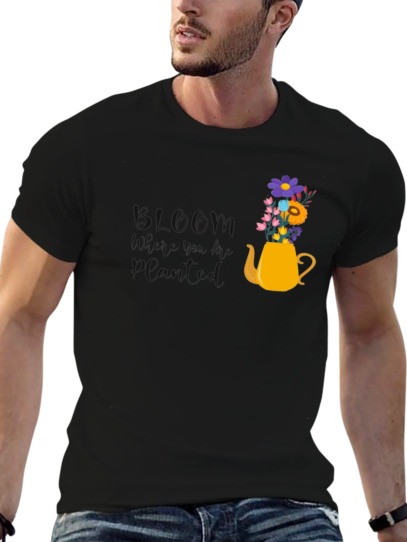 Floral Teapot Graphic Tee - Black Cotton Blend