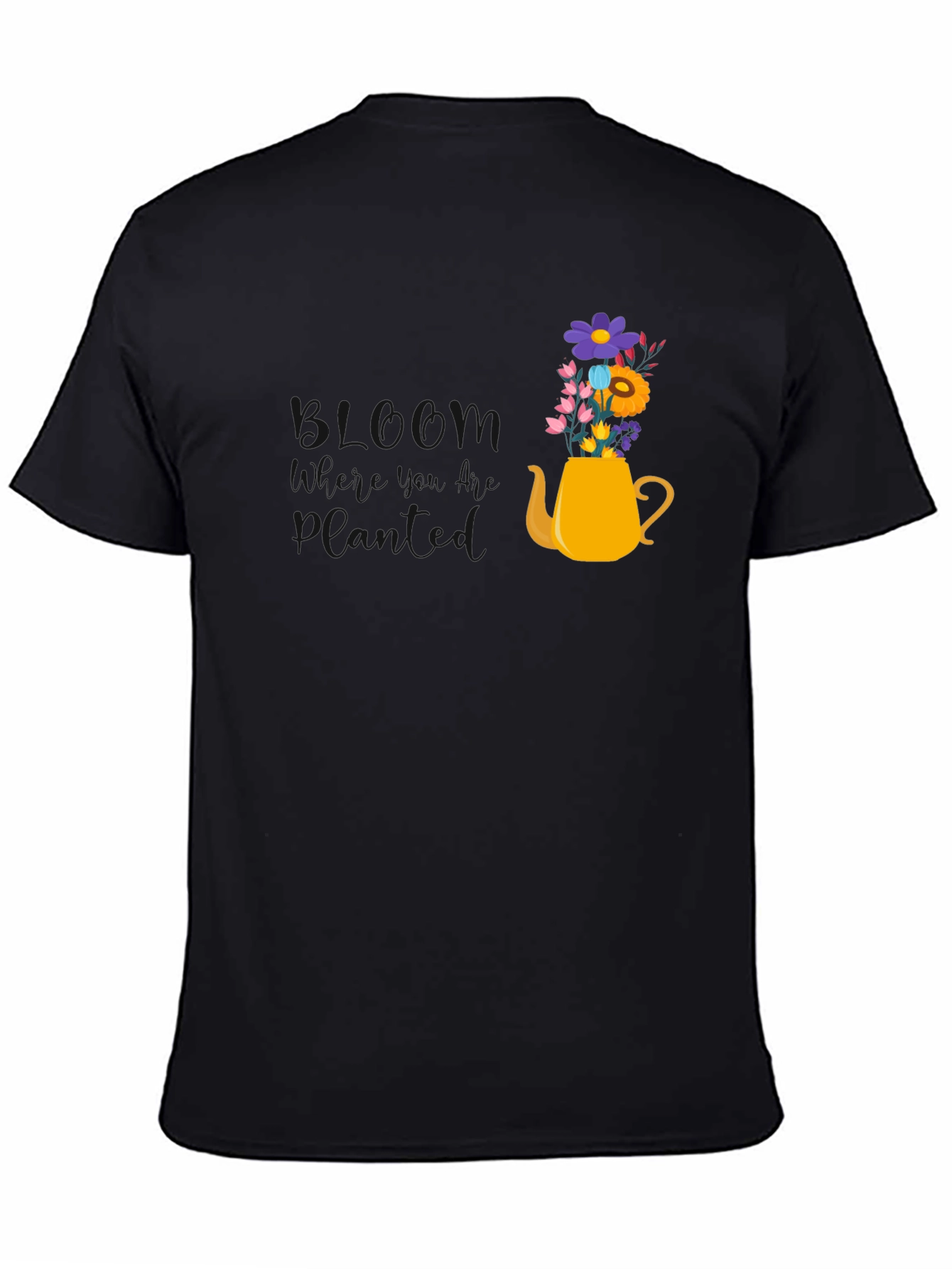 Floral Teapot Graphic Tee - Black Cotton Blend