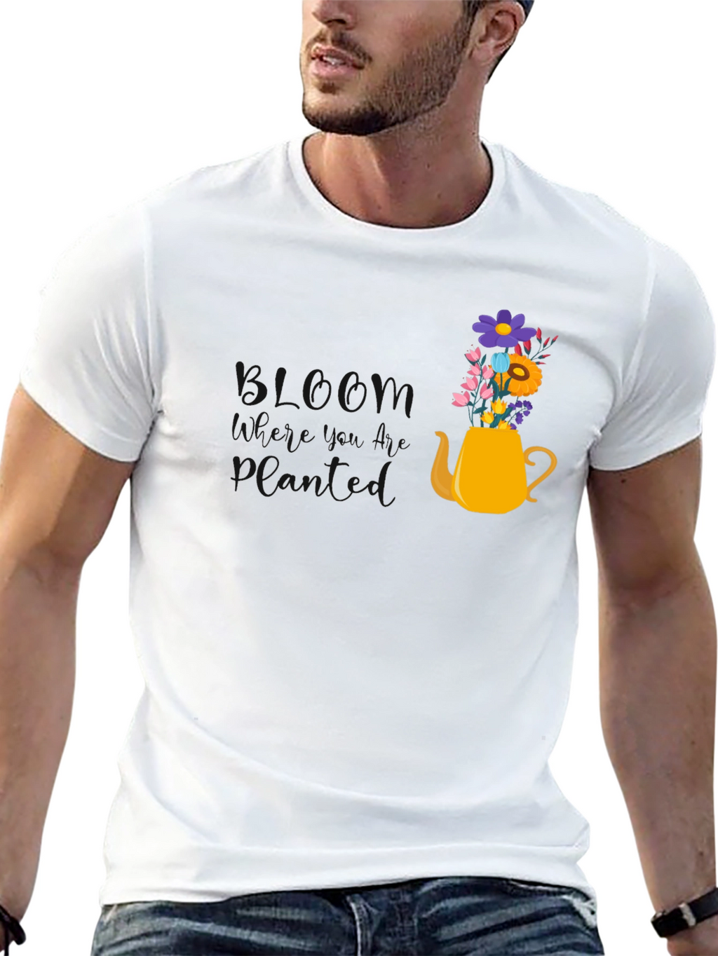 Floral Teapot Graphic Tee - Black Cotton Blend