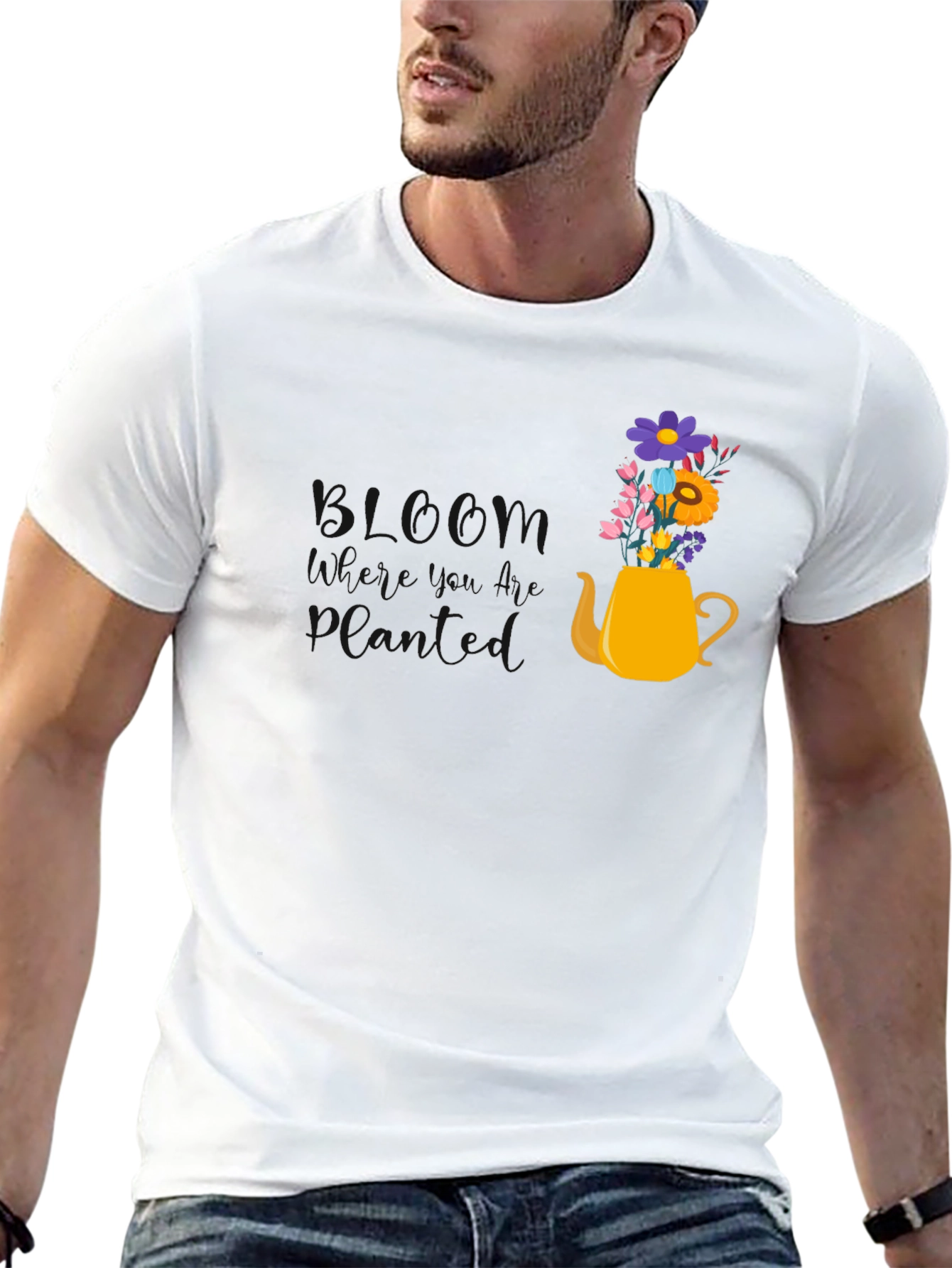Floral Teapot Graphic Tee - Black Cotton Blend