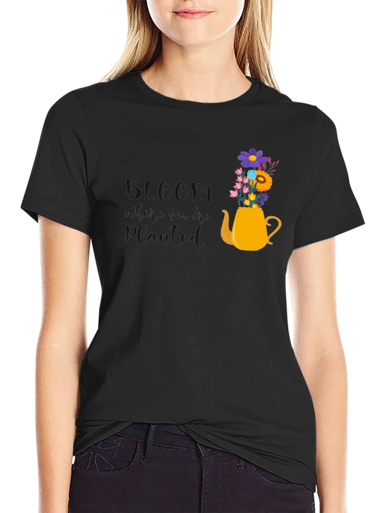 Floral Teapot Graphic Tee - Black Cotton Blend