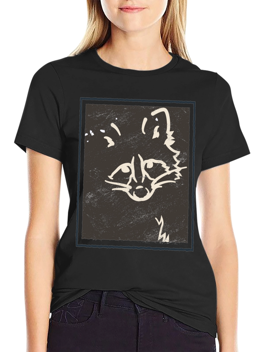 Abstract Raccoon Graphic Print Black T-Shirt