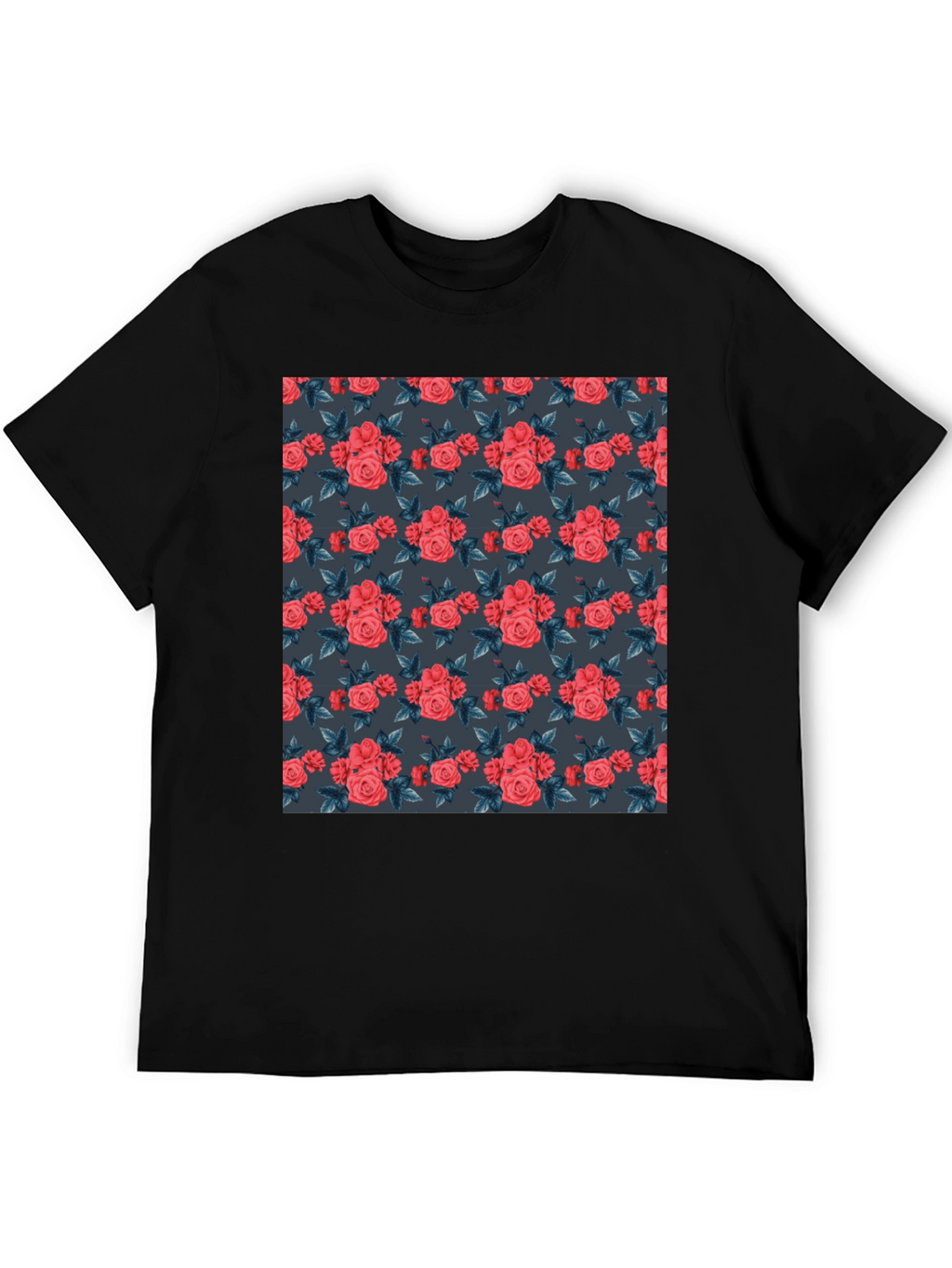 Floral Print T-Shirt - Rose Pattern Black Tee