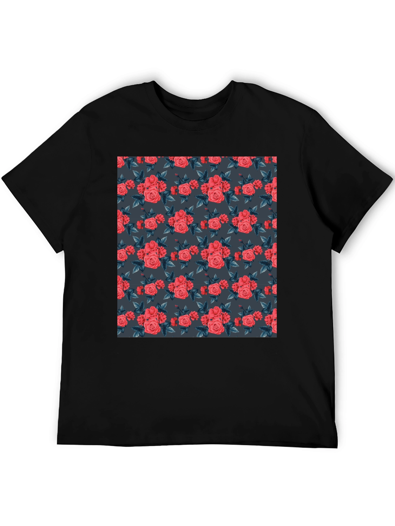 Floral Print T-Shirt - Rose Pattern Black Tee