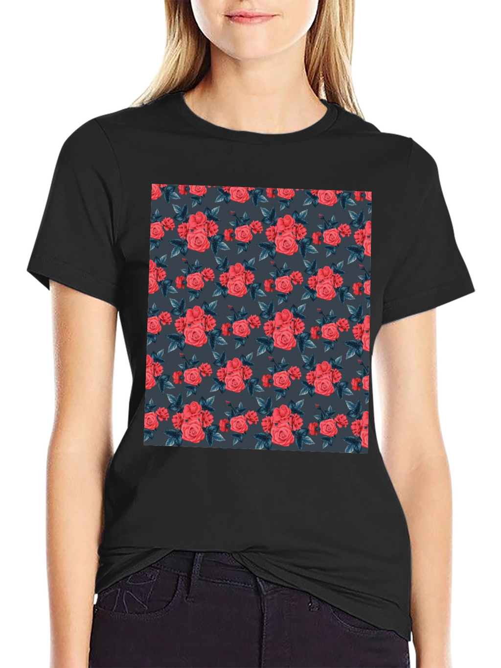 Floral Print T-Shirt - Rose Pattern Black Tee