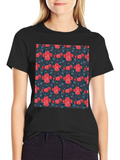 Floral Print T-Shirt - Rose Pattern Black Tee