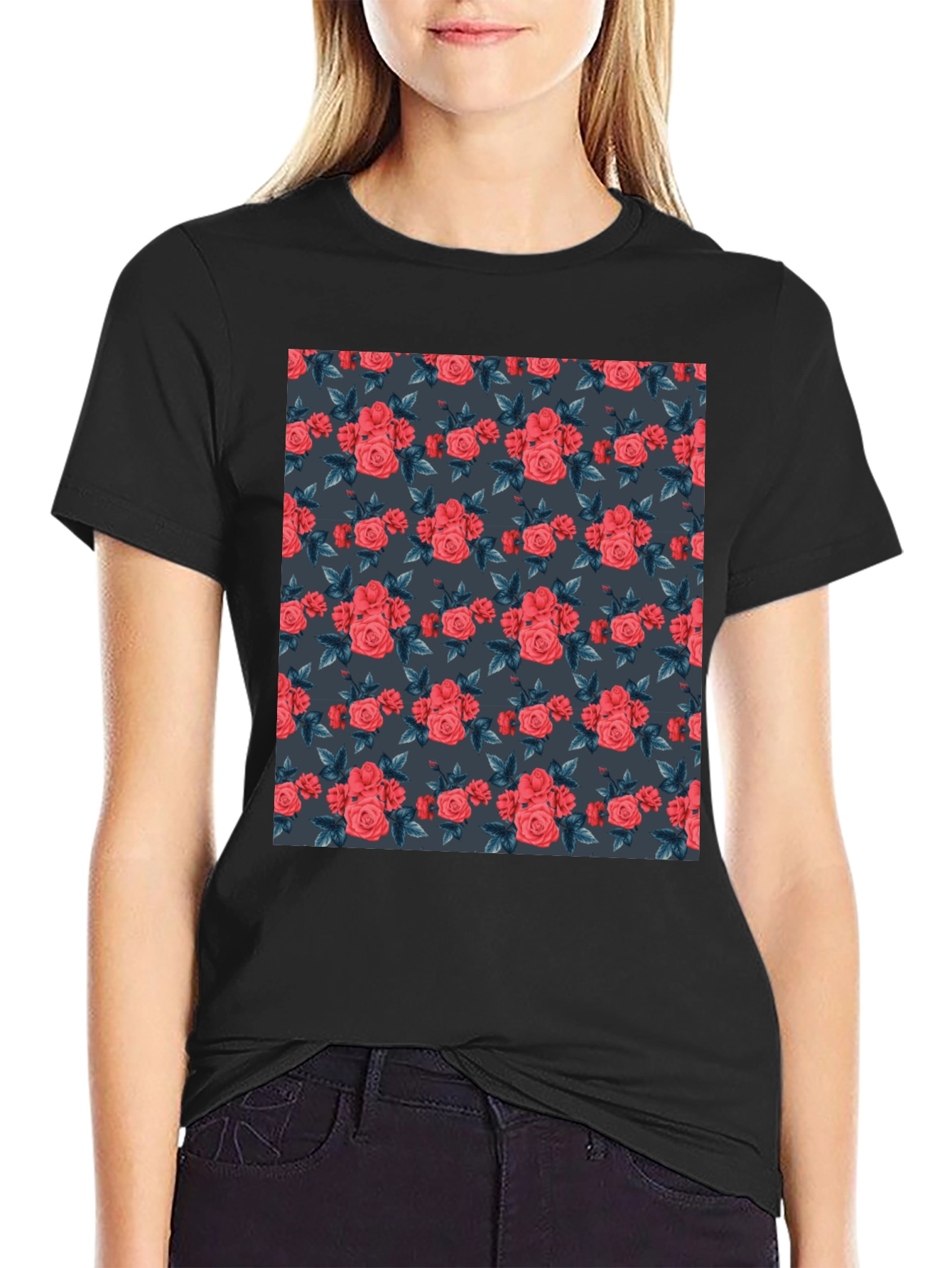 Floral Print T-Shirt - Rose Pattern Black Tee