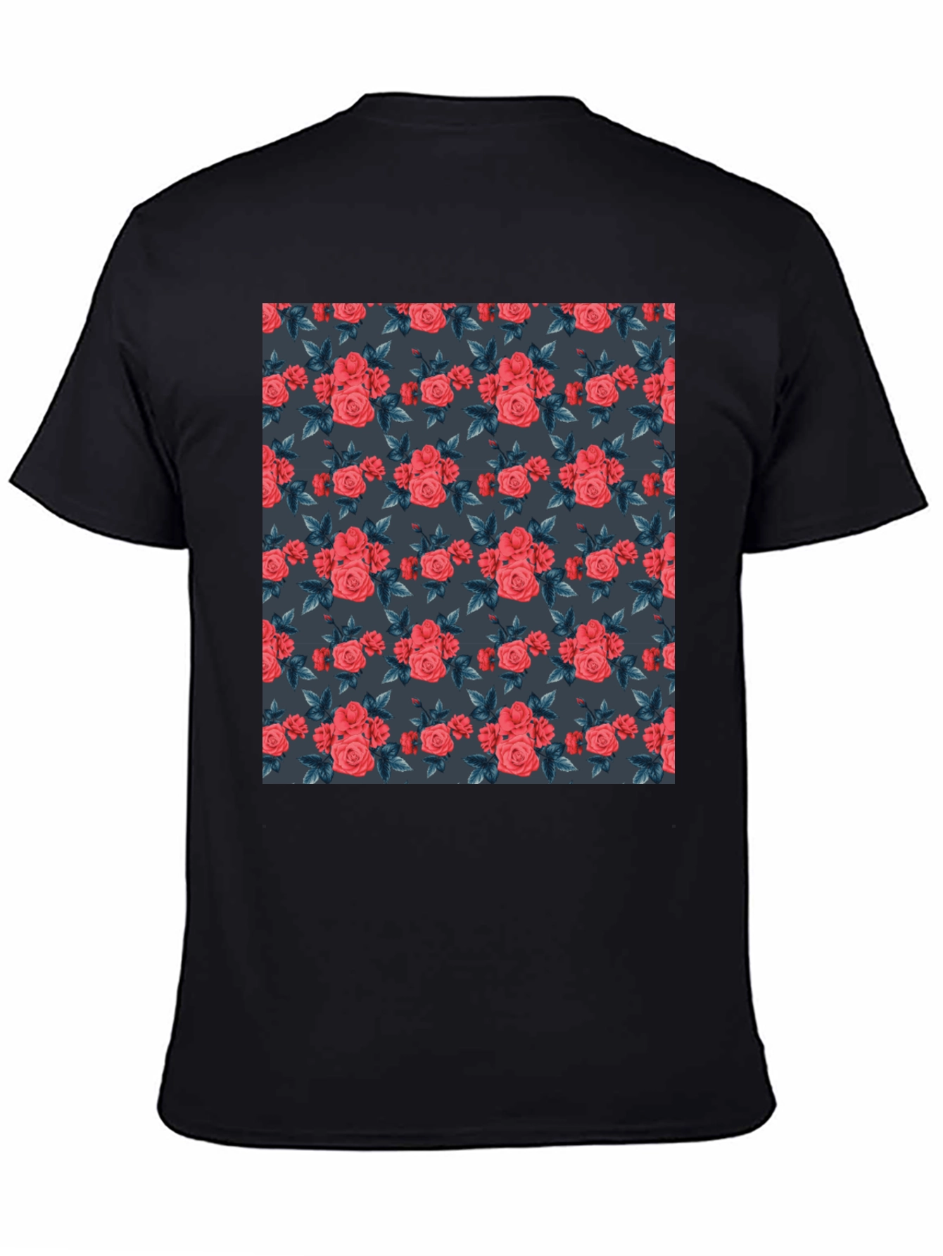Floral Print T-Shirt - Rose Pattern Black Tee