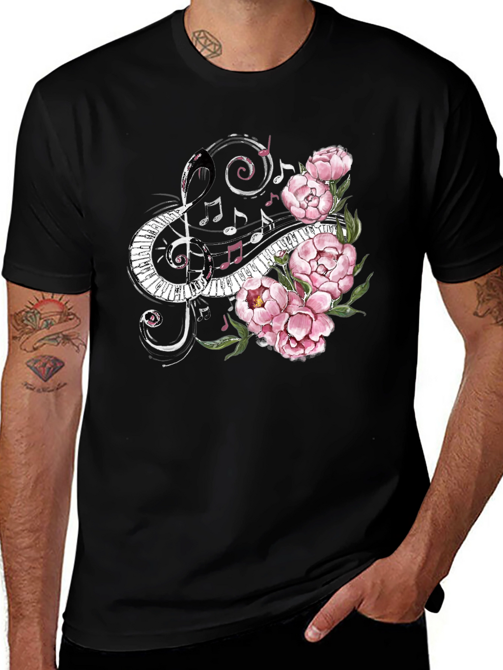 Musical Florals Mens Black Tee