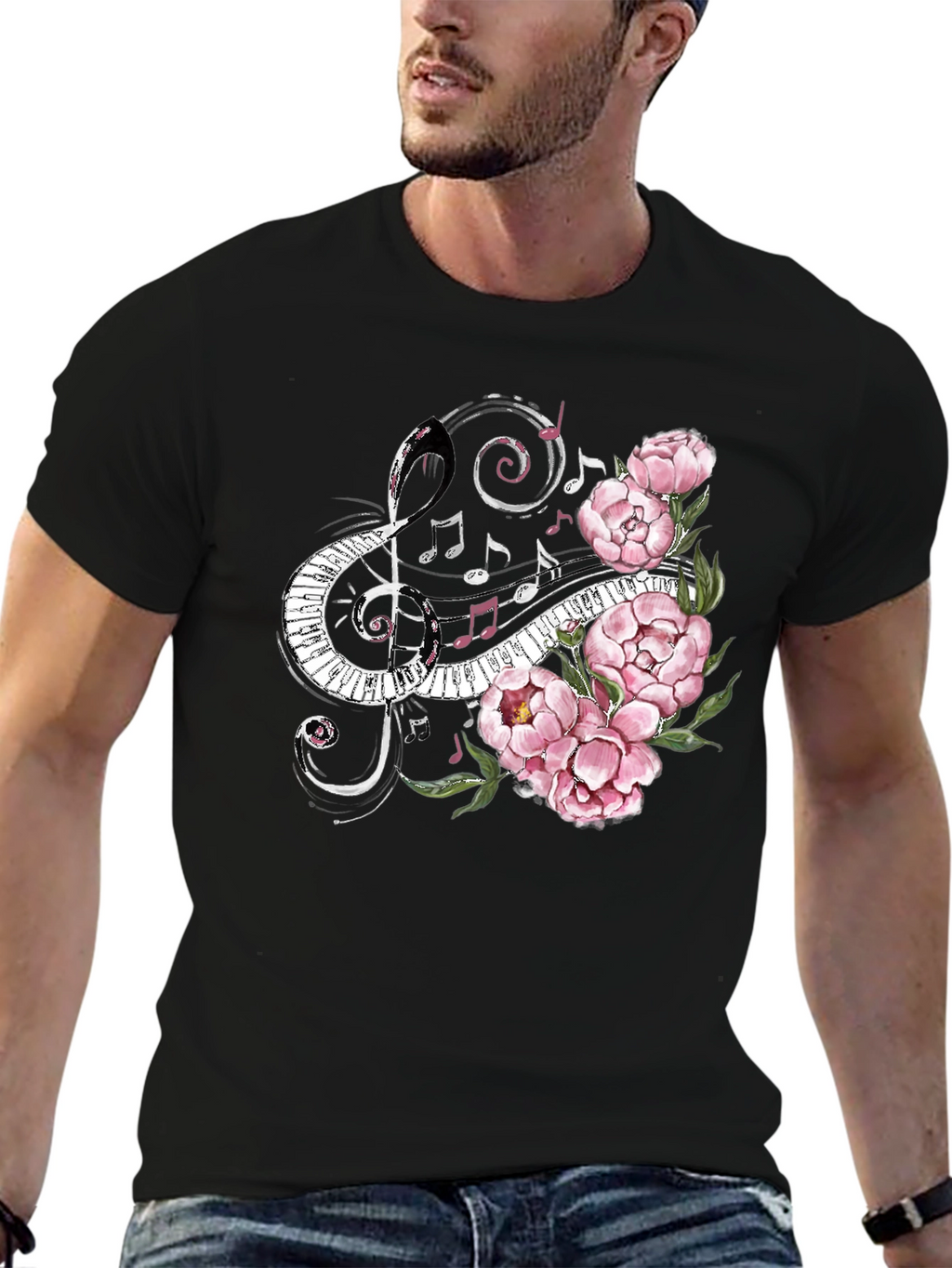 Musical Florals Mens Black Tee