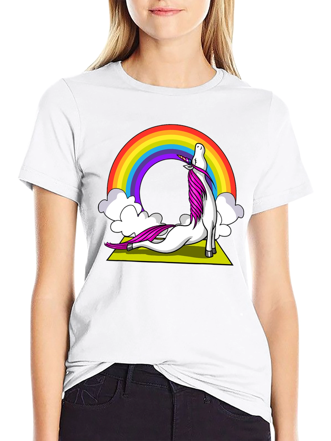 Unicorn Yoga T-Shirt Rainbow Design