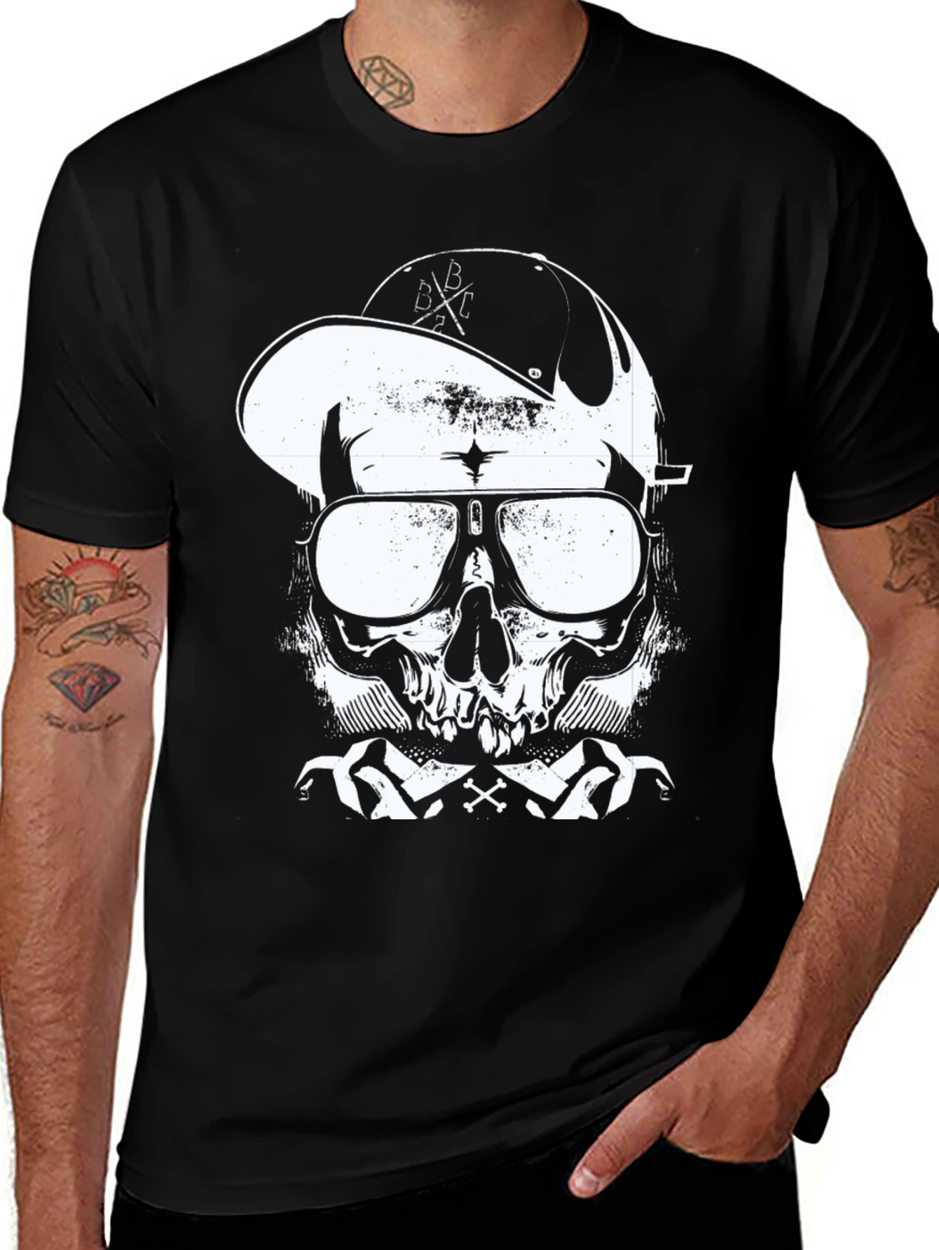 Skull in Cap Graphic T-Shirt - Black