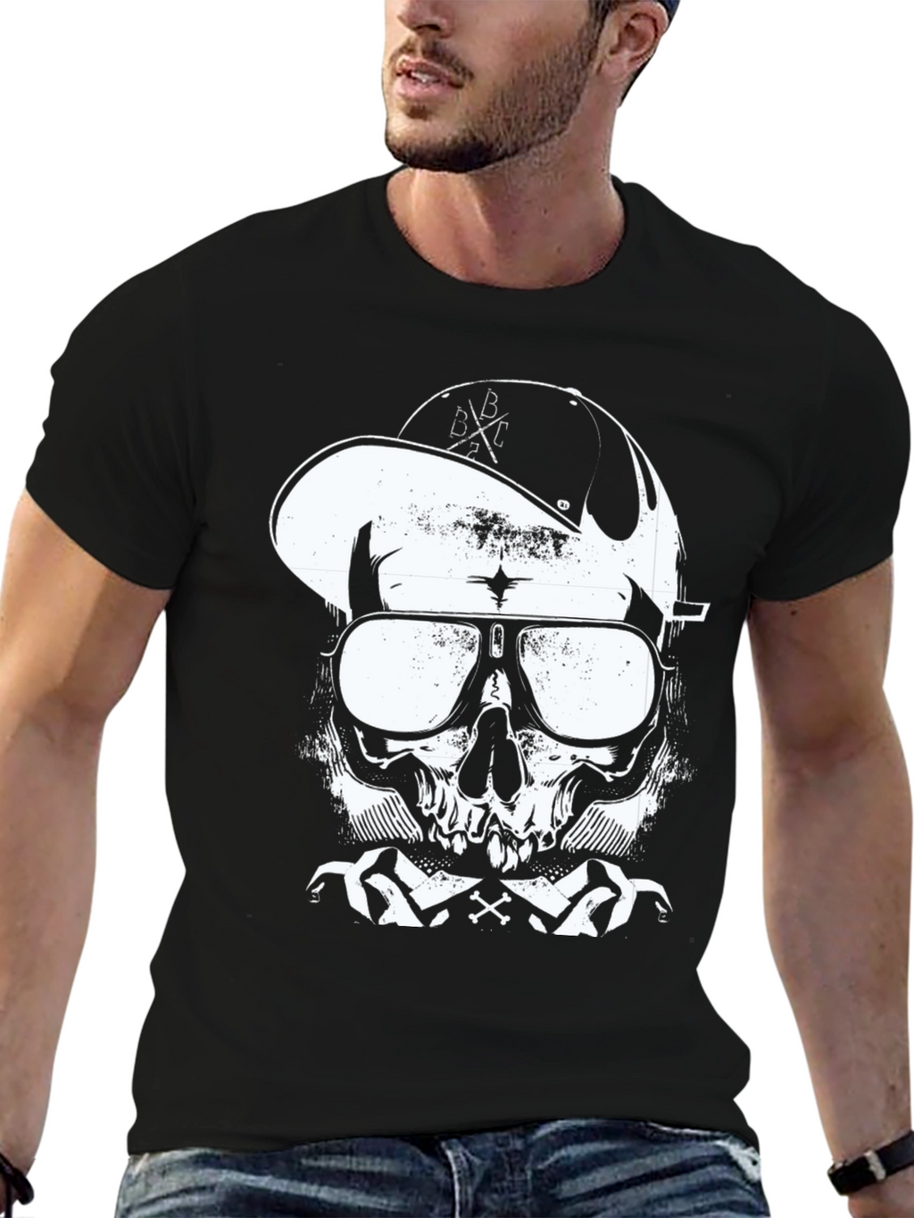 Skull in Cap Graphic T-Shirt - Black