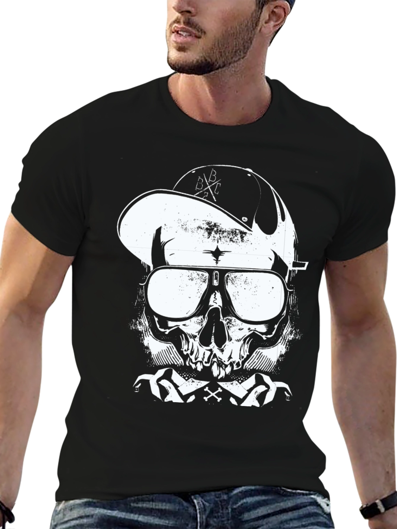 Skull in Cap Graphic T-Shirt - Black