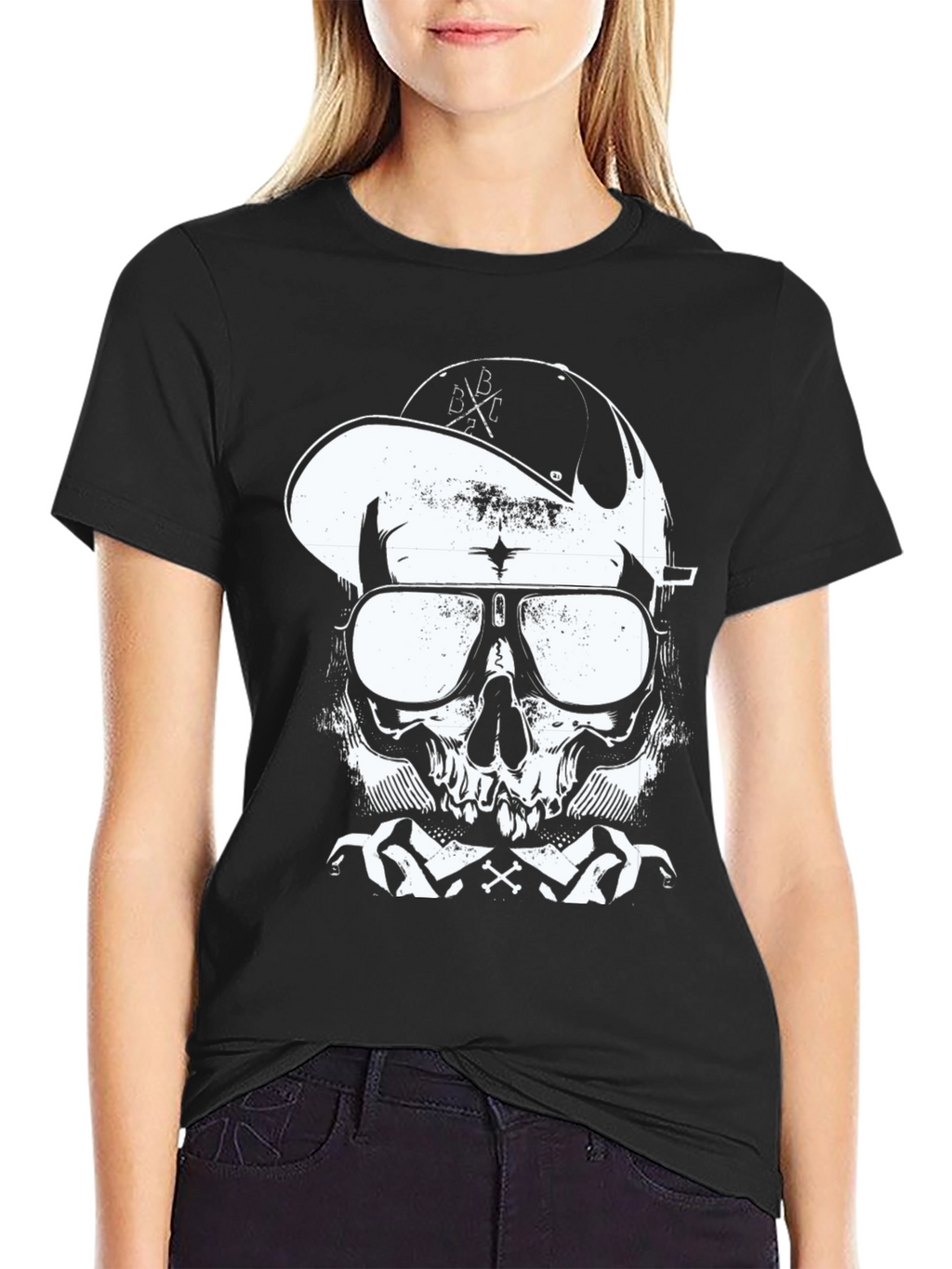 Skull in Cap Graphic T-Shirt - Black