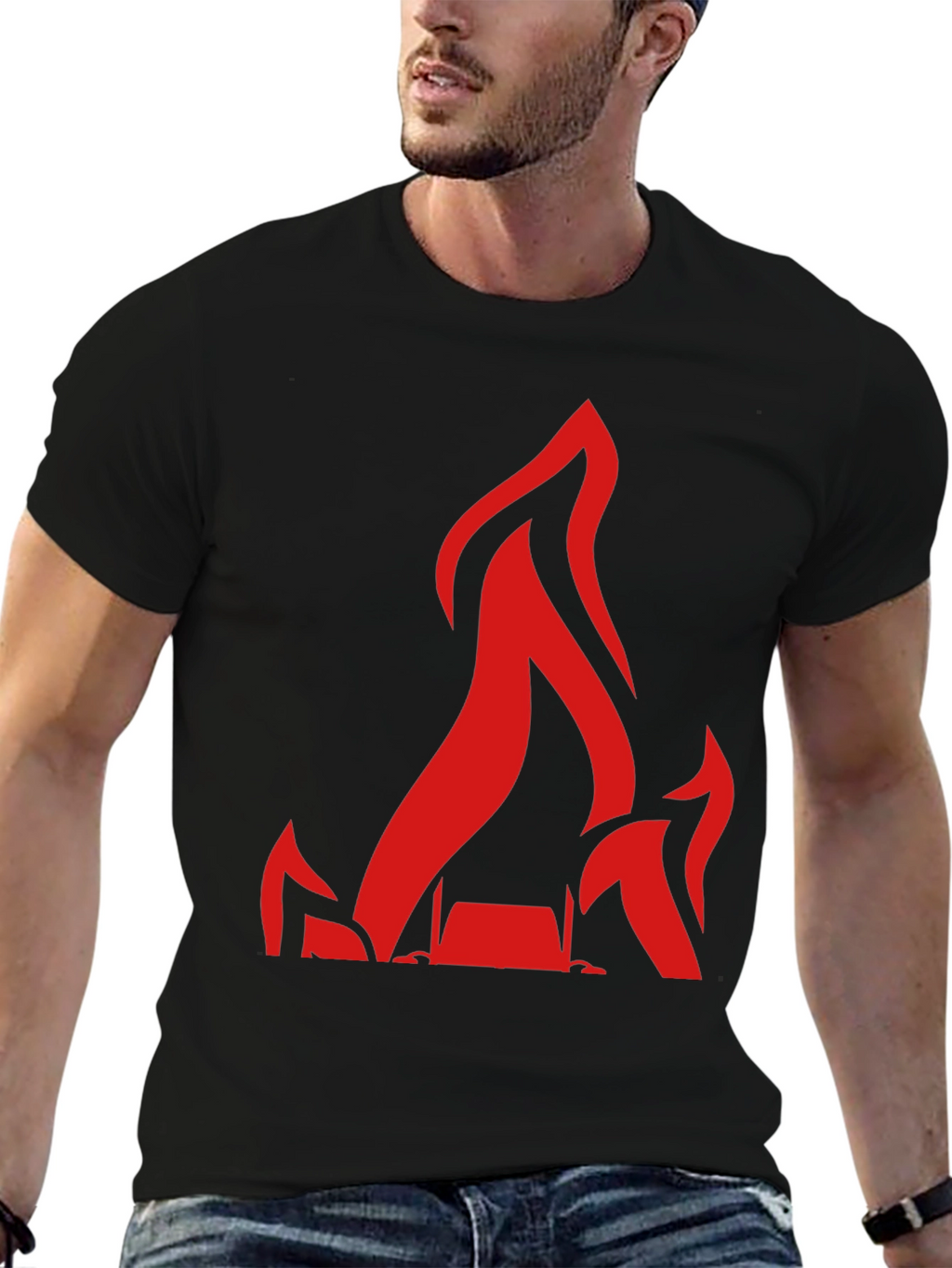 Red Flames Graphic Print Black T-Shirt