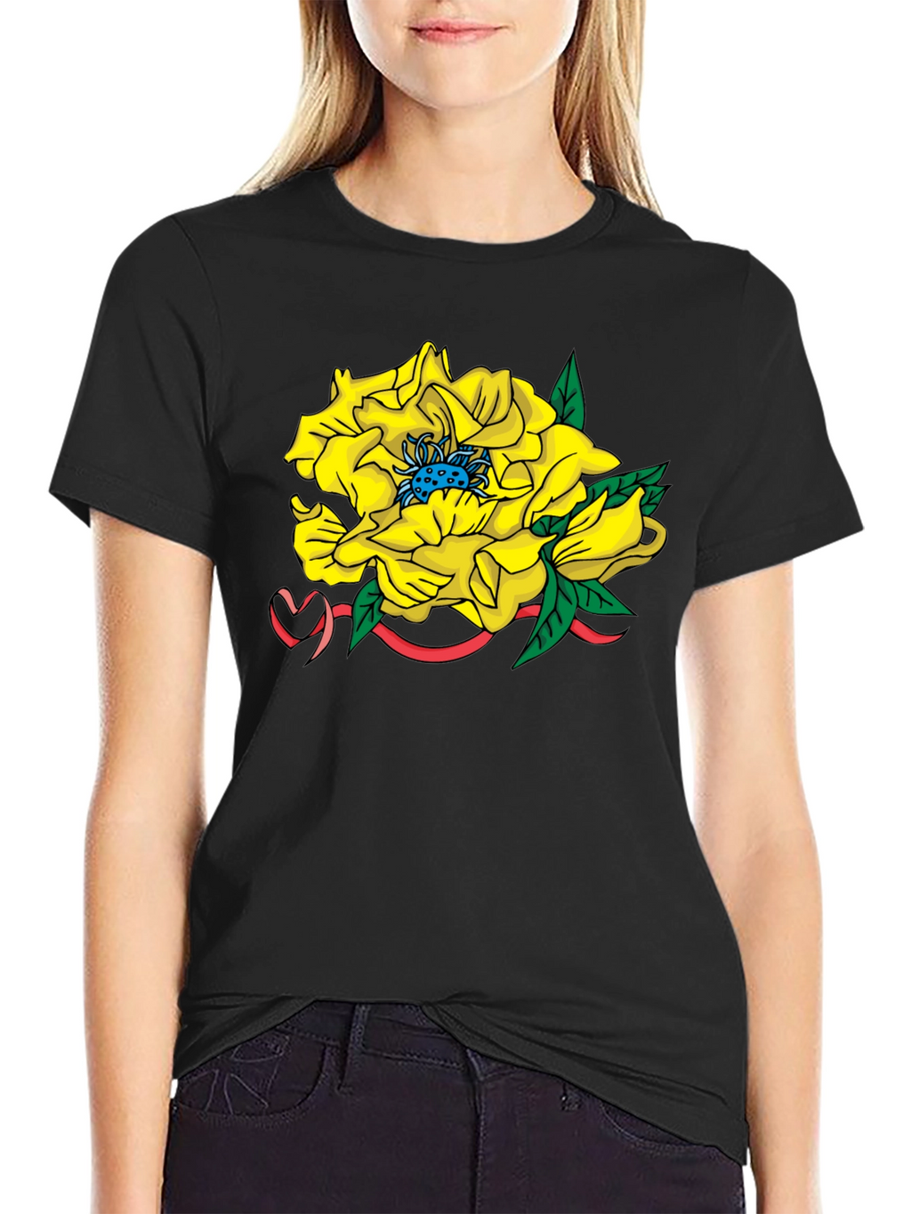Yellow Flower Graphic Black T-Shirt