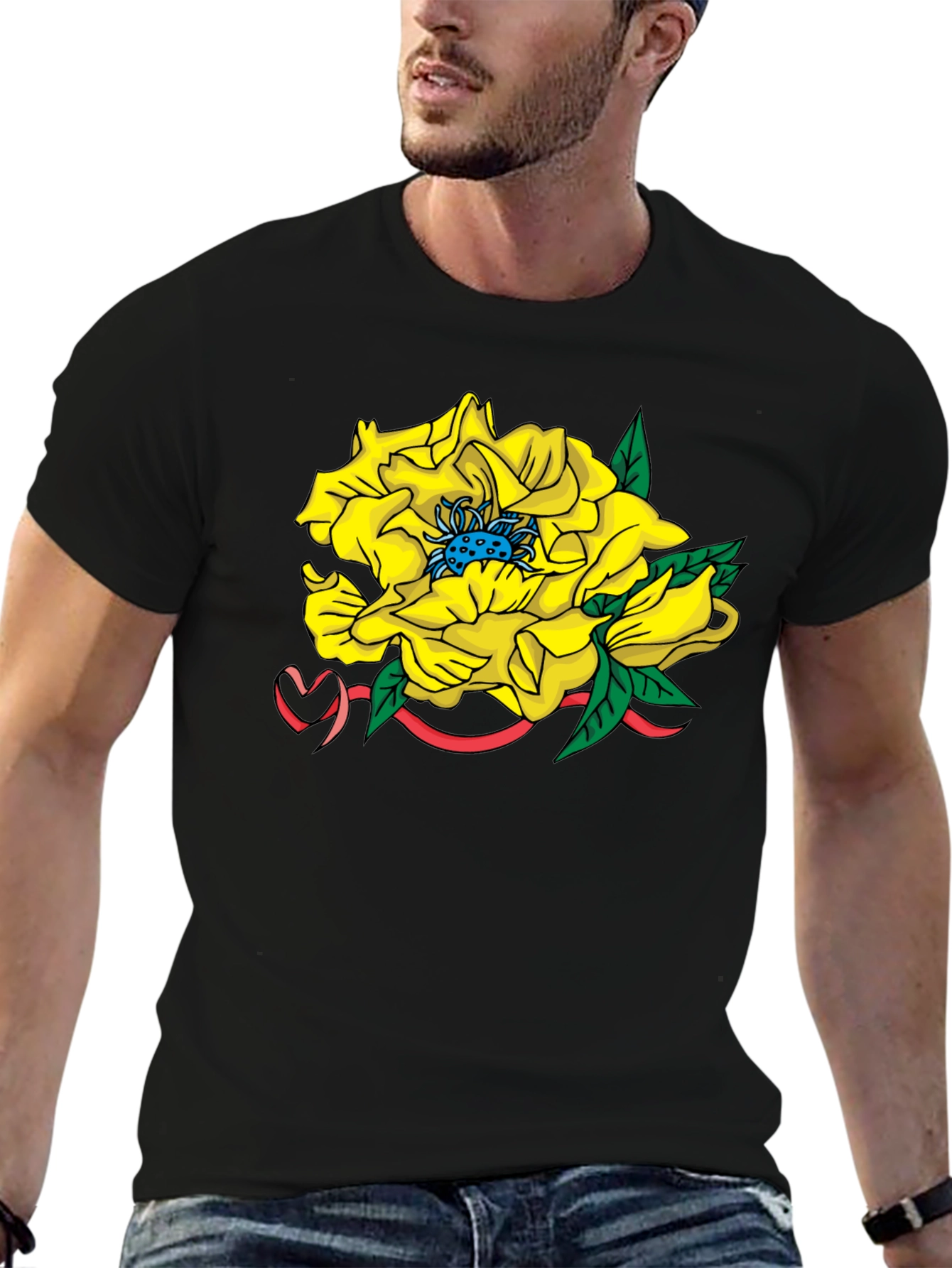 Yellow Flower Graphic Black T-Shirt