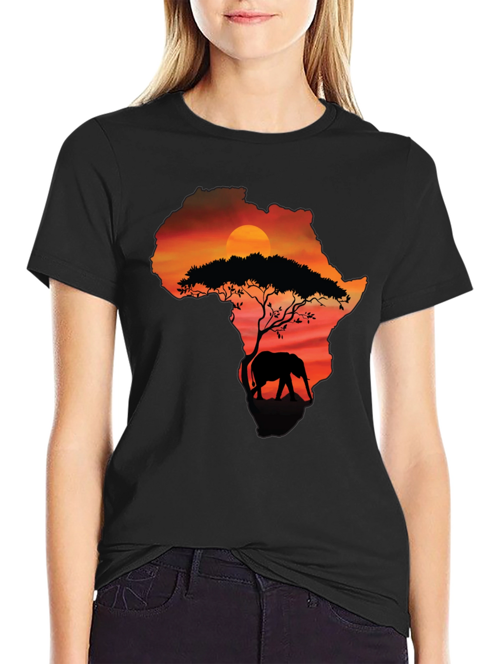 Africa Sunset Elephant Graphic Tee - Black