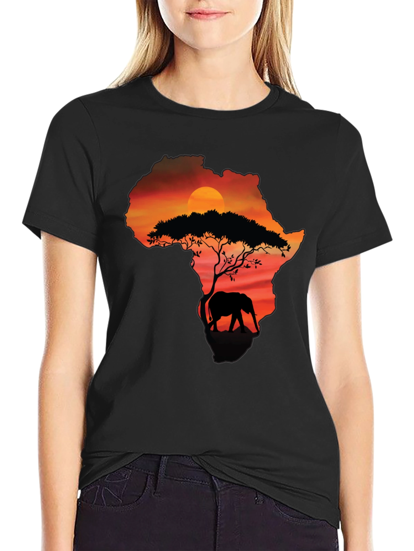 Africa Sunset Elephant Graphic Tee - Black