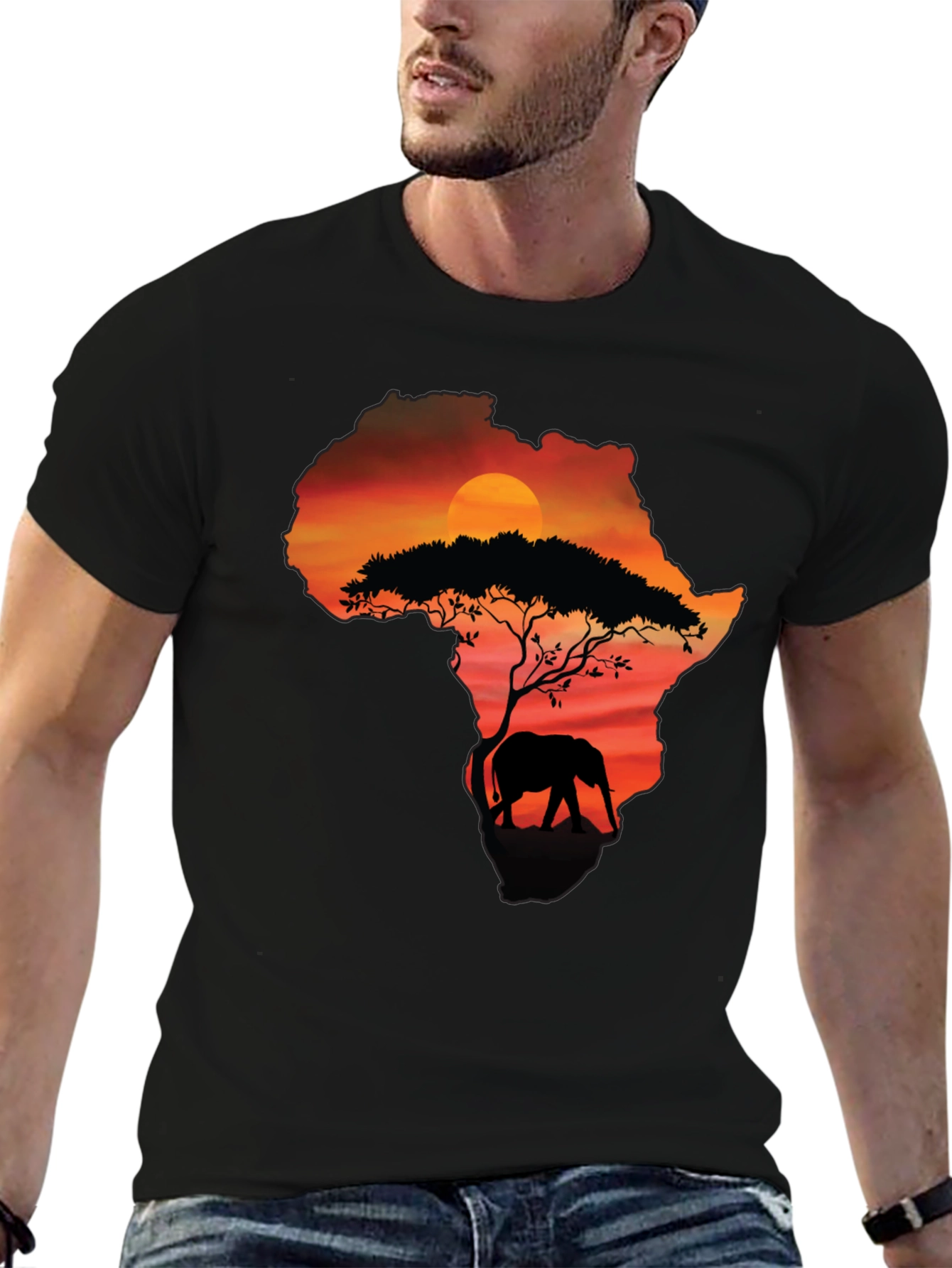 Africa Sunset Elephant Graphic Tee - Black